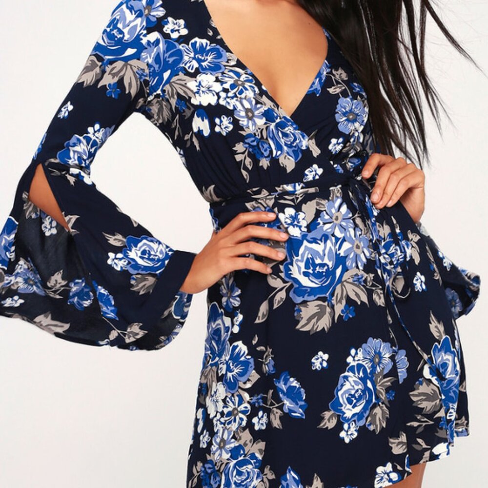 Lulus Once And Floral Navy Blue Floral Print Bell Sleeve Wrap Dress